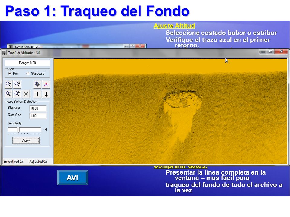 Ver altitud Towfish. La línea azul debe seguir de cerca el fondo