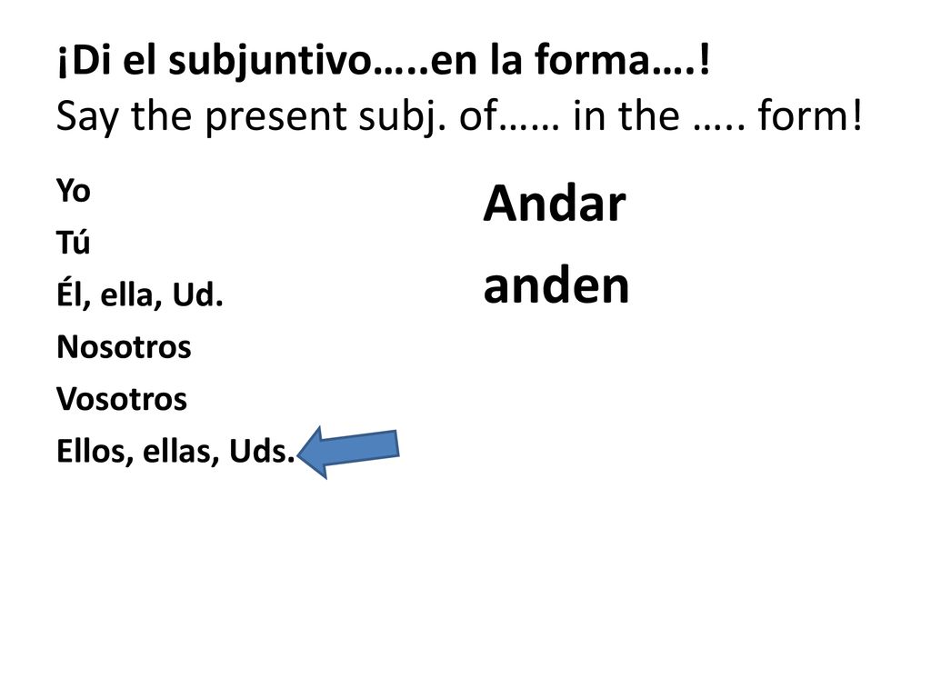 ¡Di el subjuntivo…. en la forma…. Say the present subj. of…… in the …