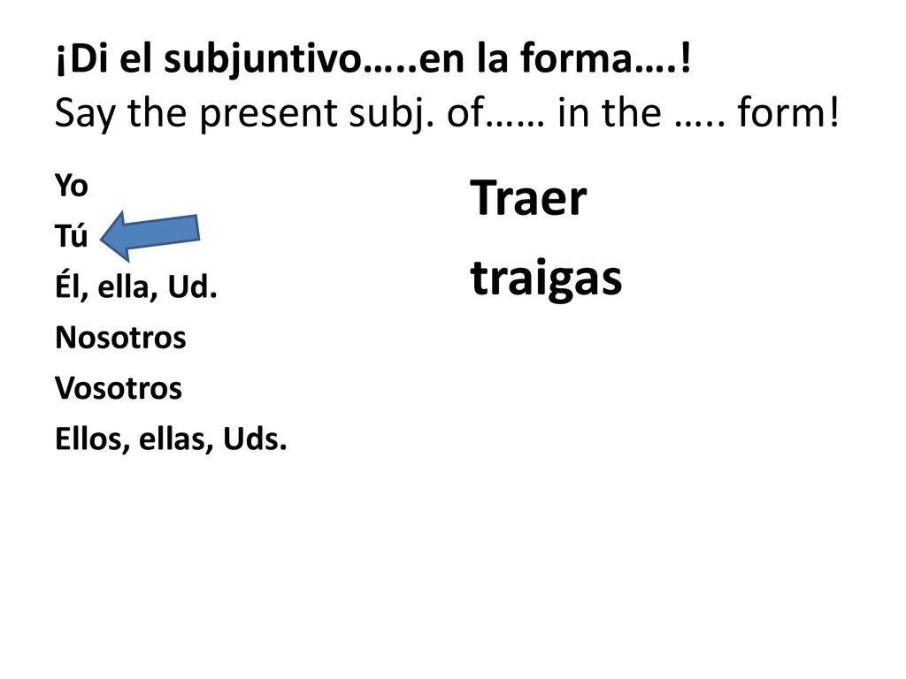 ¡Di el subjuntivo…. en la forma…. Say the present subj. of…… in the …