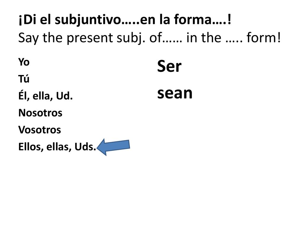 ¡Di el subjuntivo…. en la forma…. Say the present subj. of…… in the …