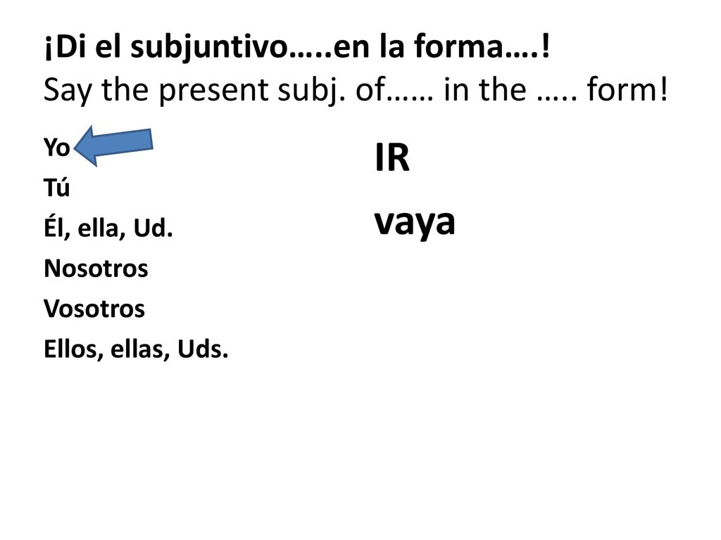 ¡Di el subjuntivo…. en la forma…. Say the present subj. of…… in the …
