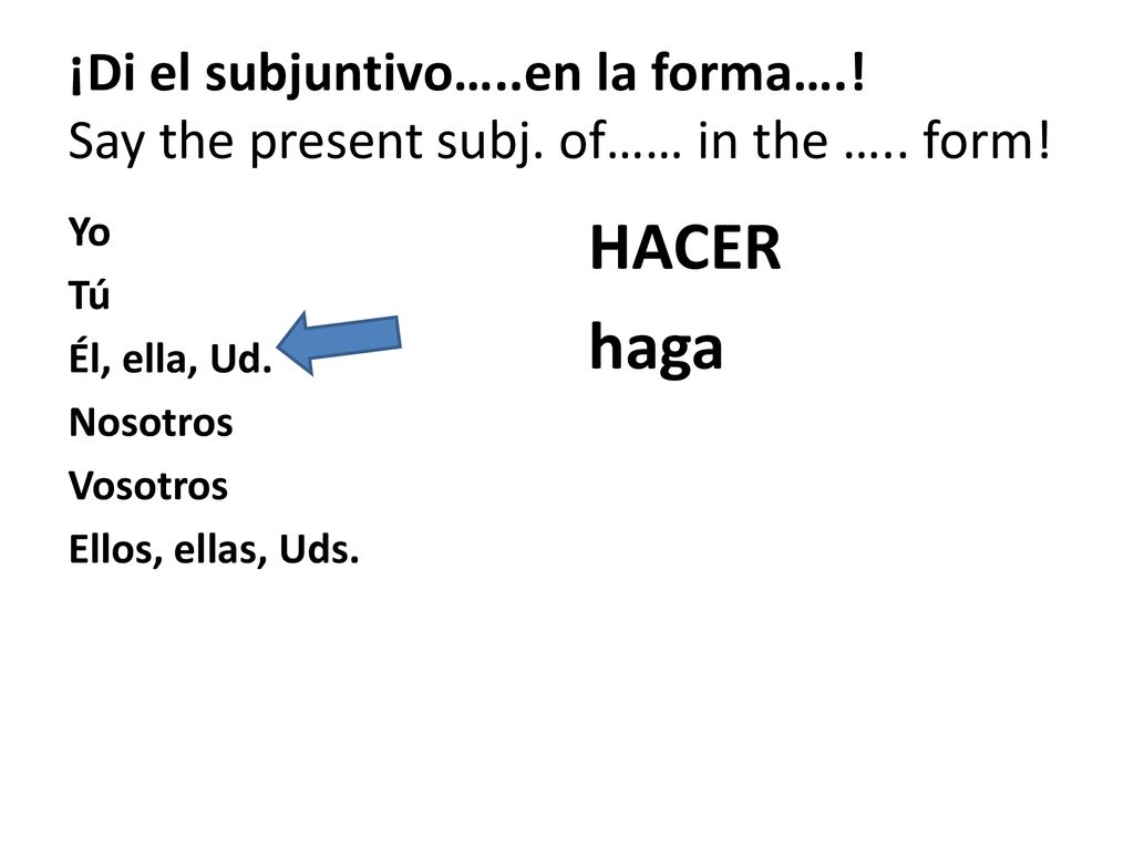 ¡Di el subjuntivo…. en la forma…. Say the present subj. of…… in the …