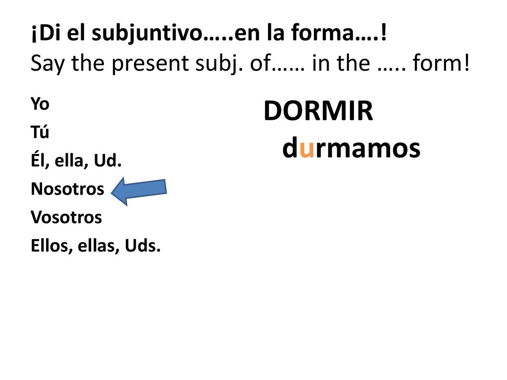 ¡Di el subjuntivo…. en la forma…. Say the present subj. of…… in the …