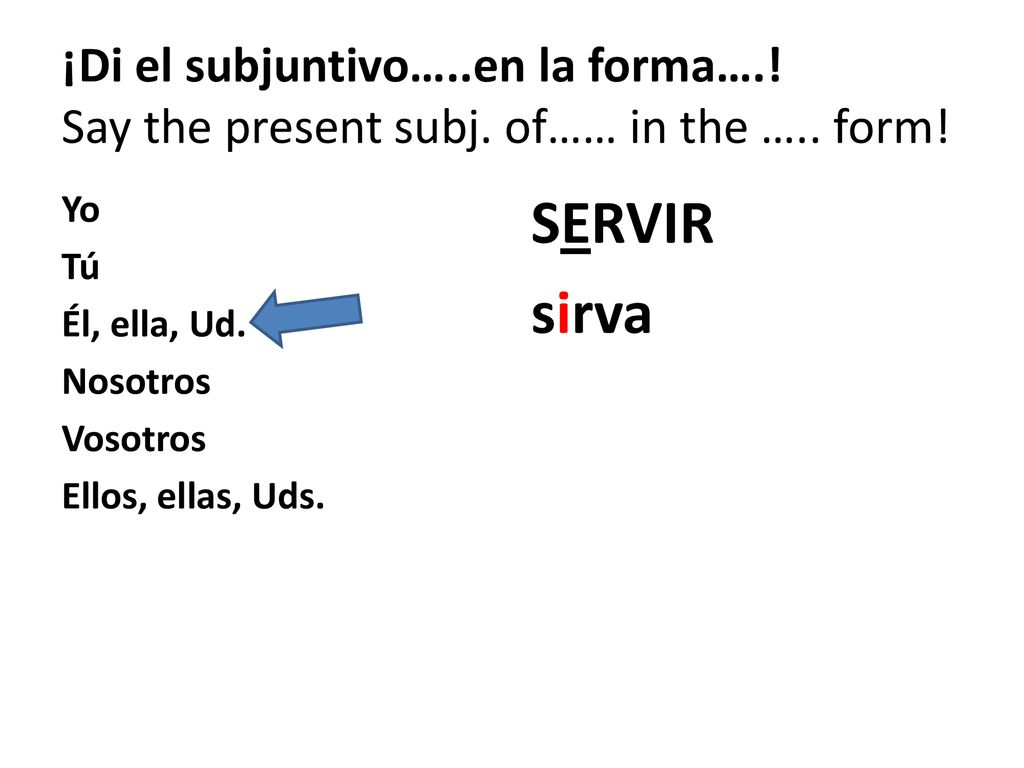 ¡Di el subjuntivo…. en la forma…. Say the present subj. of…… in the …