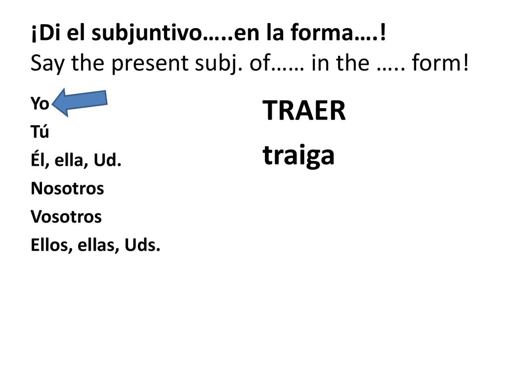 ¡Di el subjuntivo…. en la forma…. Say the present subj. of…… in the …