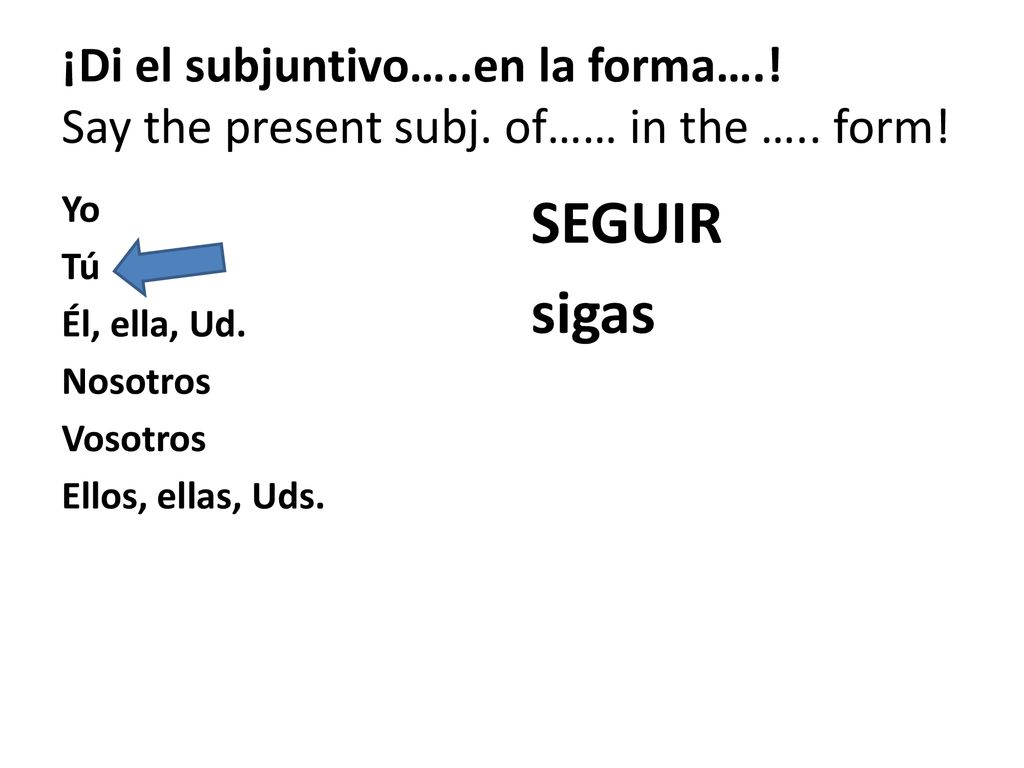 ¡Di el subjuntivo…. en la forma…. Say the present subj. of…… in the …