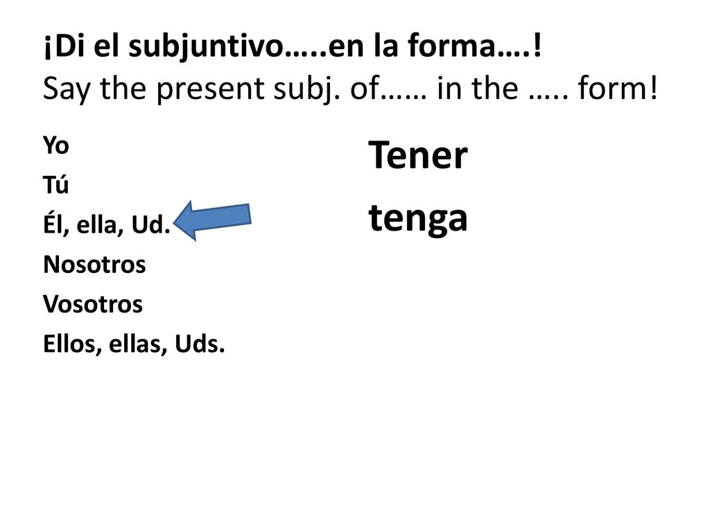 ¡Di el subjuntivo…. en la forma…. Say the present subj. of…… in the …