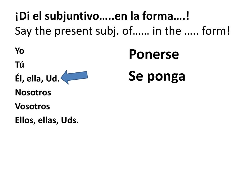¡Di el subjuntivo…. en la forma…. Say the present subj. of…… in the …