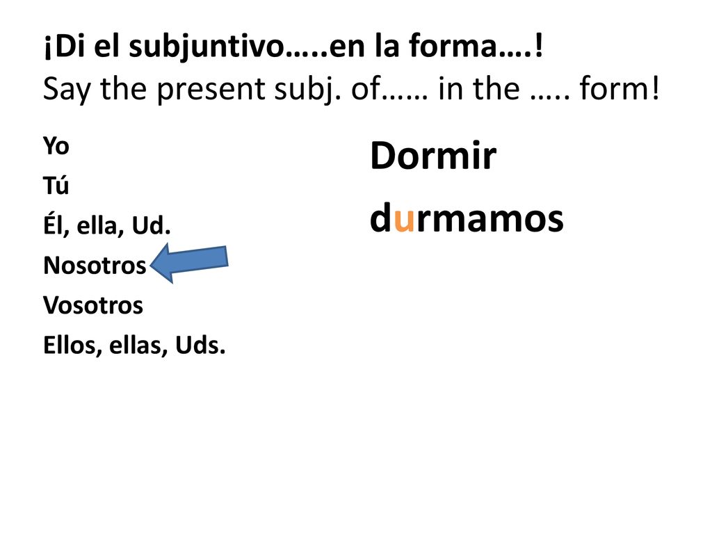 ¡Di el subjuntivo…. en la forma…. Say the present subj. of…… in the …