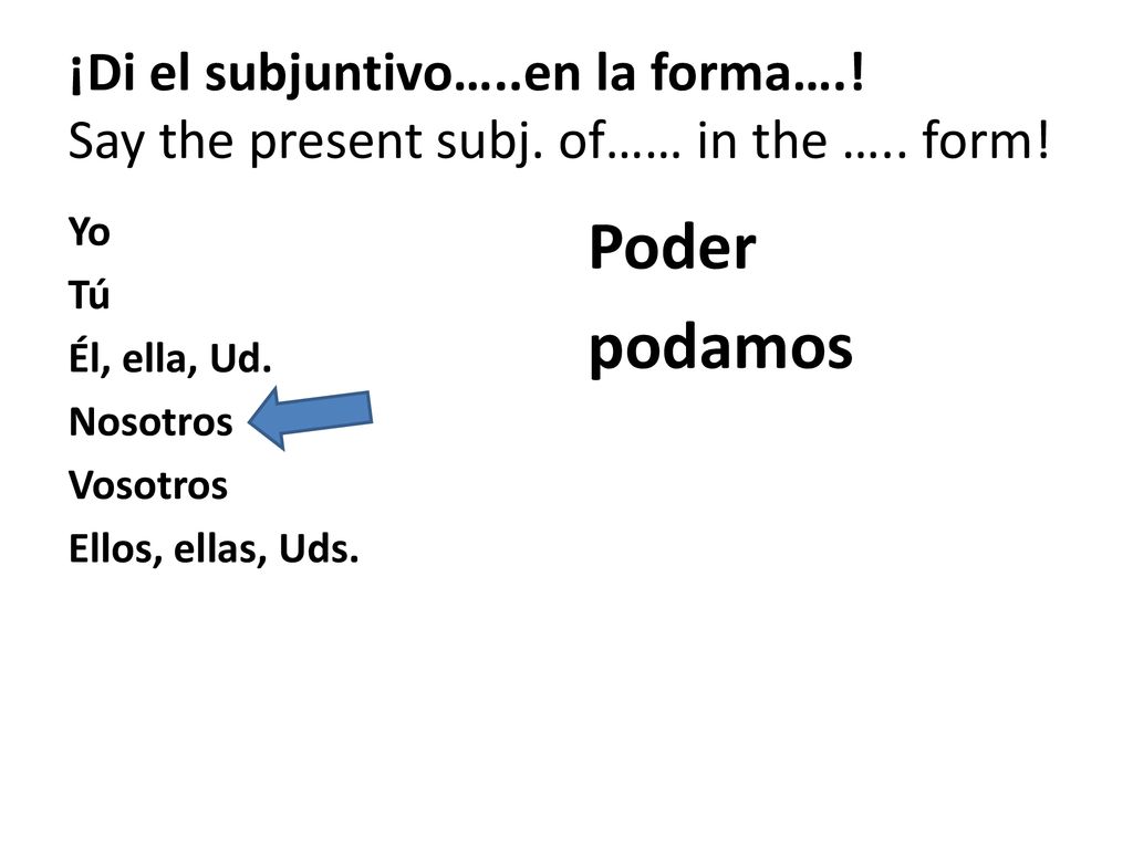 ¡Di el subjuntivo…. en la forma…. Say the present subj. of…… in the …