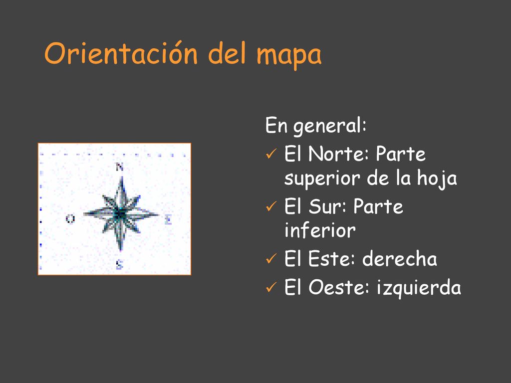 Orientación del mapa En general: El Norte: Parte superior de la hoja