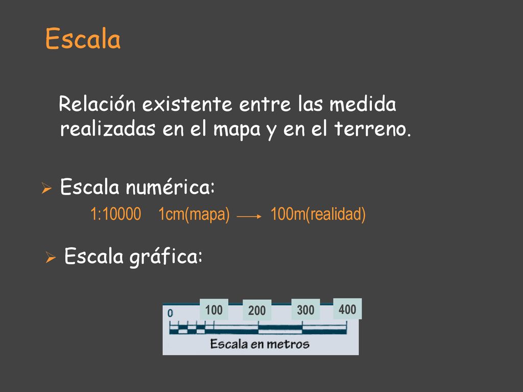 Escala Relación existente entre las medida realizadas en el mapa y en el terreno. Escala numérica: