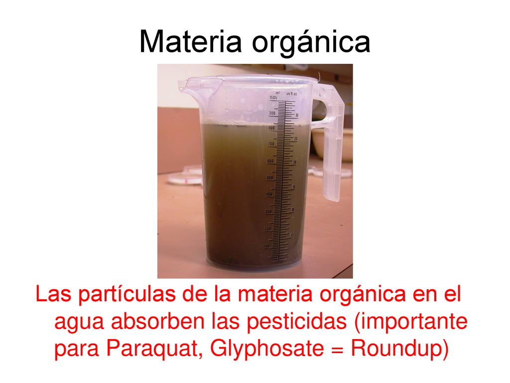Materia orgánica Las partículas de la materia orgánica en el agua absorben las pesticidas (importante para Paraquat, Glyphosate = Roundup)