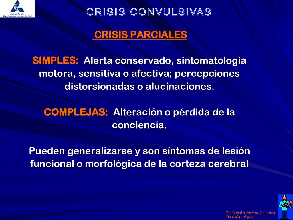 CRISIS PARCIALES SIMPLES: Alerta conservado, sintomatología motora, sensitiva o afectiva; percepciones distorsionadas o alucinaciones.