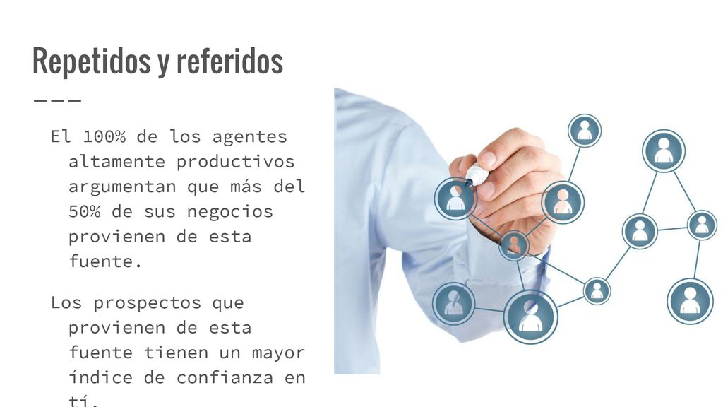 Repetidos y referidos El 100% de los agentes altamente productivos argumentan que más del 50% de sus negocios provienen de esta fuente.