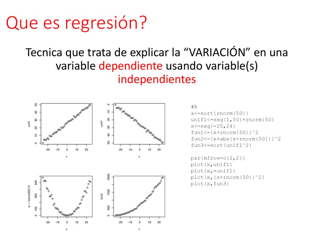 Que es regresión Tecnica que trata de explicar la VARIACIÓN en una variable dependiente usando variable(s) independientes.