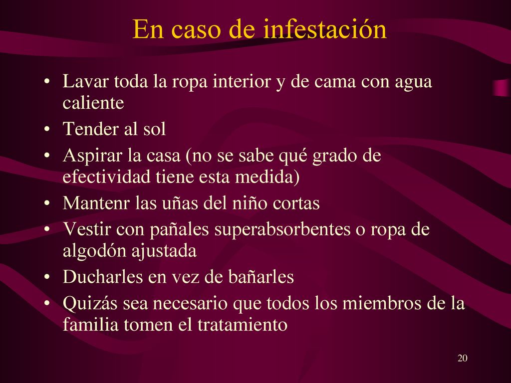 En caso de infestación Lavar toda la ropa interior y de cama con agua caliente. Tender al sol.