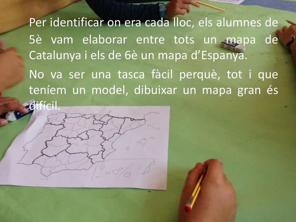 Per identificar on era cada lloc, els alumnes de 5è vam elaborar entre tots un mapa de Catalunya i els de 6è un mapa d’Espanya.
