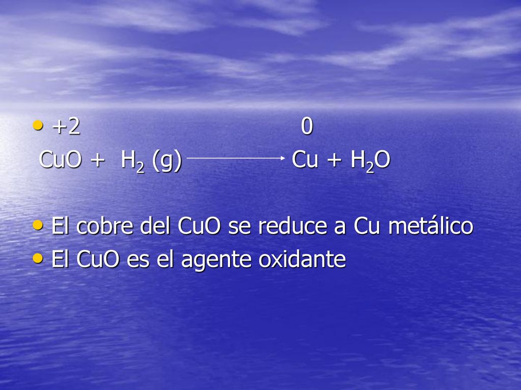 +2 0 CuO + H2 (g) Cu + H2O. El cobre del CuO se reduce a Cu metálico.