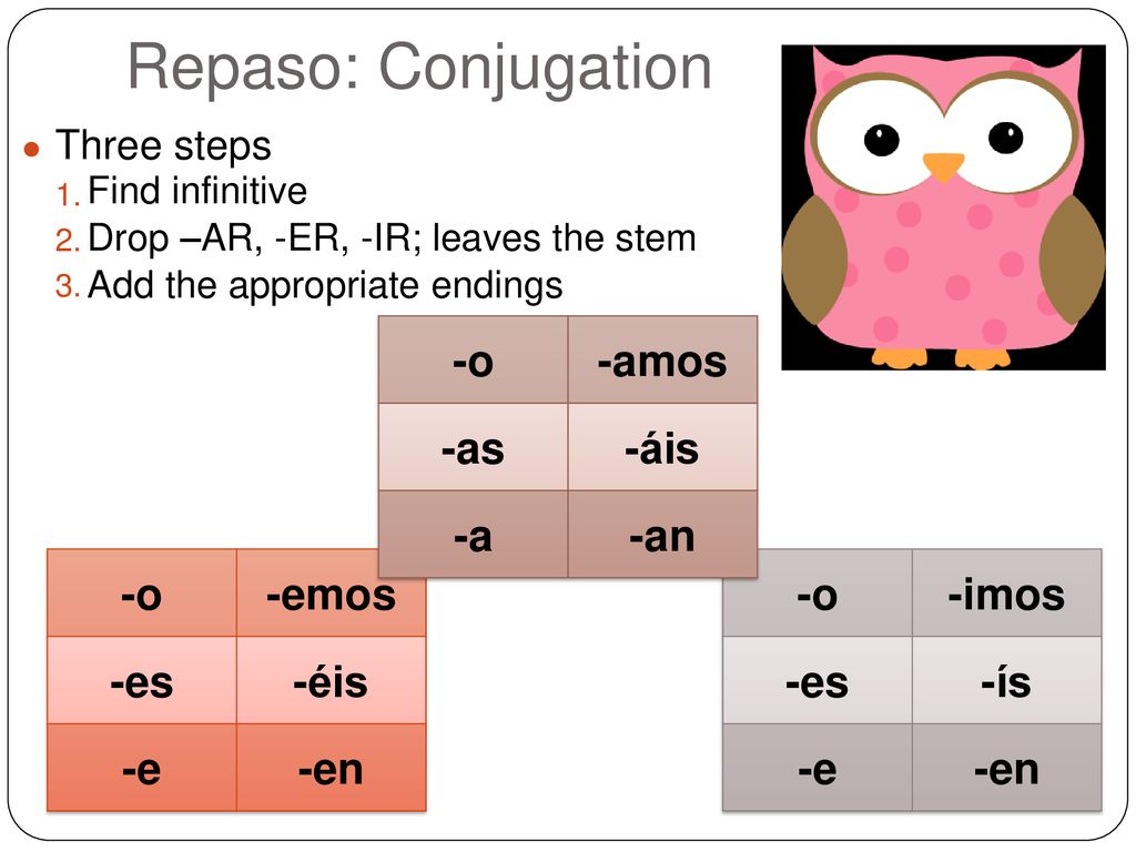 Repaso: Conjugation -o -amos -as -áis -a -an -o -emos -es -éis -e -en