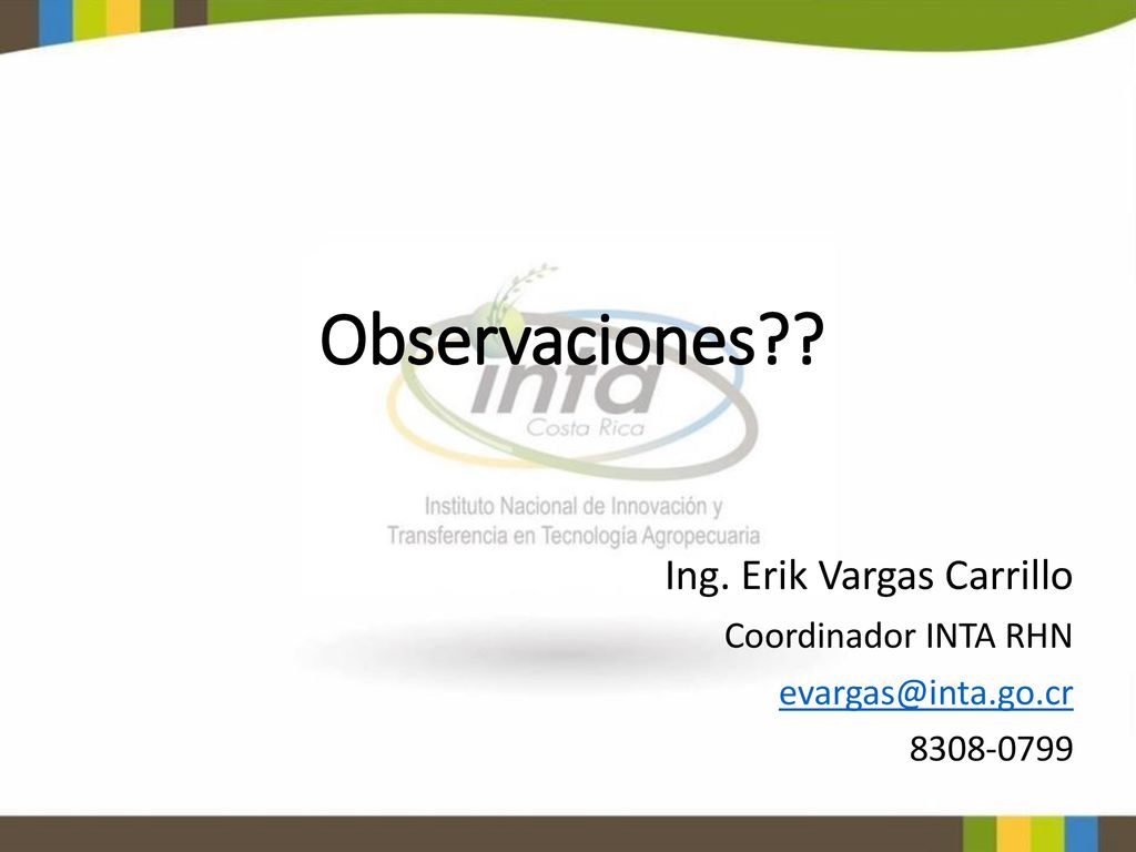Observaciones Ing. Erik Vargas Carrillo Coordinador INTA RHN