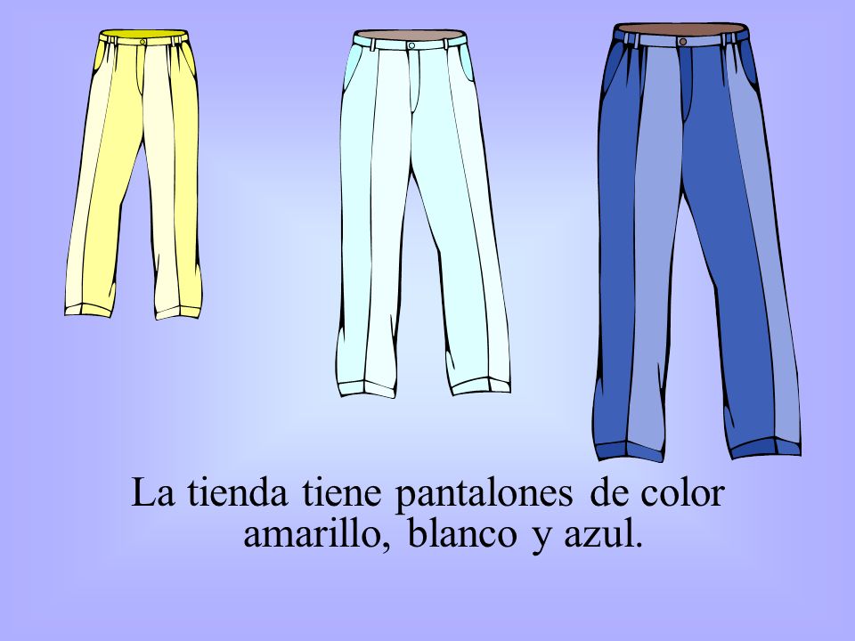 La tienda tiene pantalones de color amarillo, blanco y azul.
