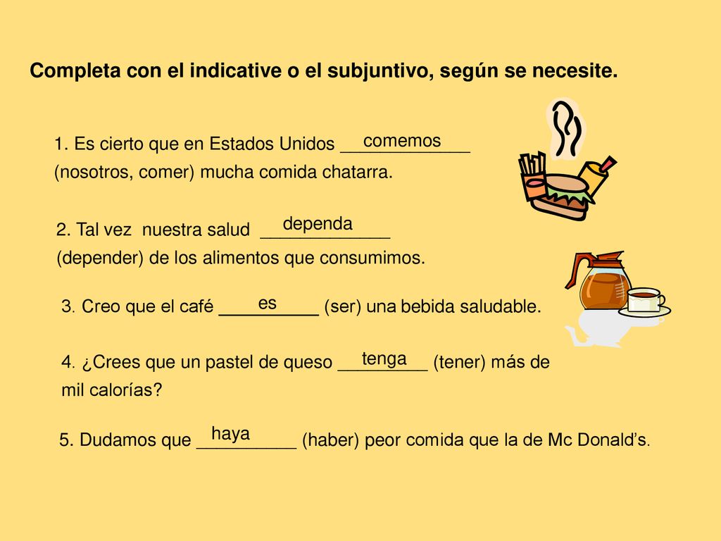 Completa con el indicative o el subjuntivo, según se necesite.