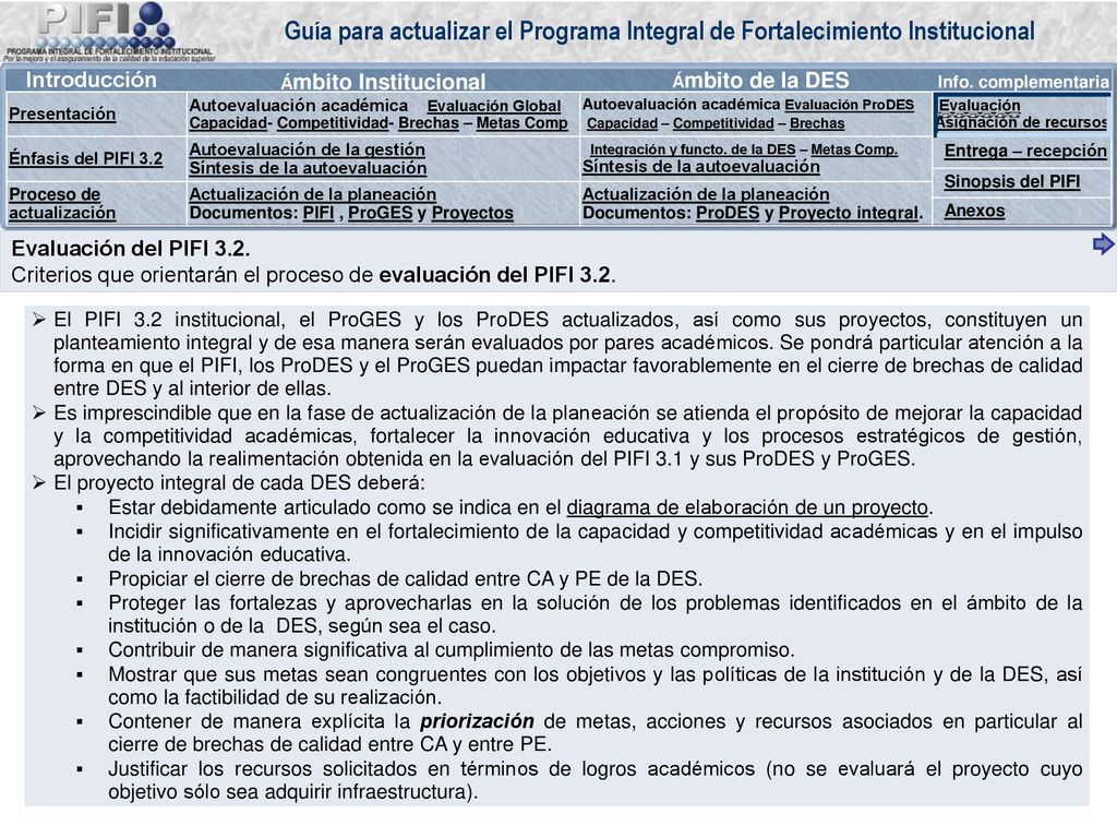 Criterios que orientarán el proceso de evaluación del PIFI 3.2.