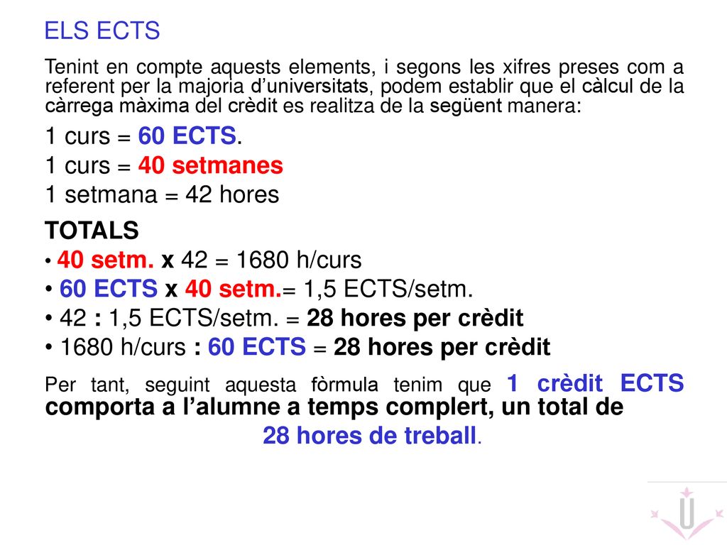42 : 1,5 ECTS/setm. = 28 hores per crèdit