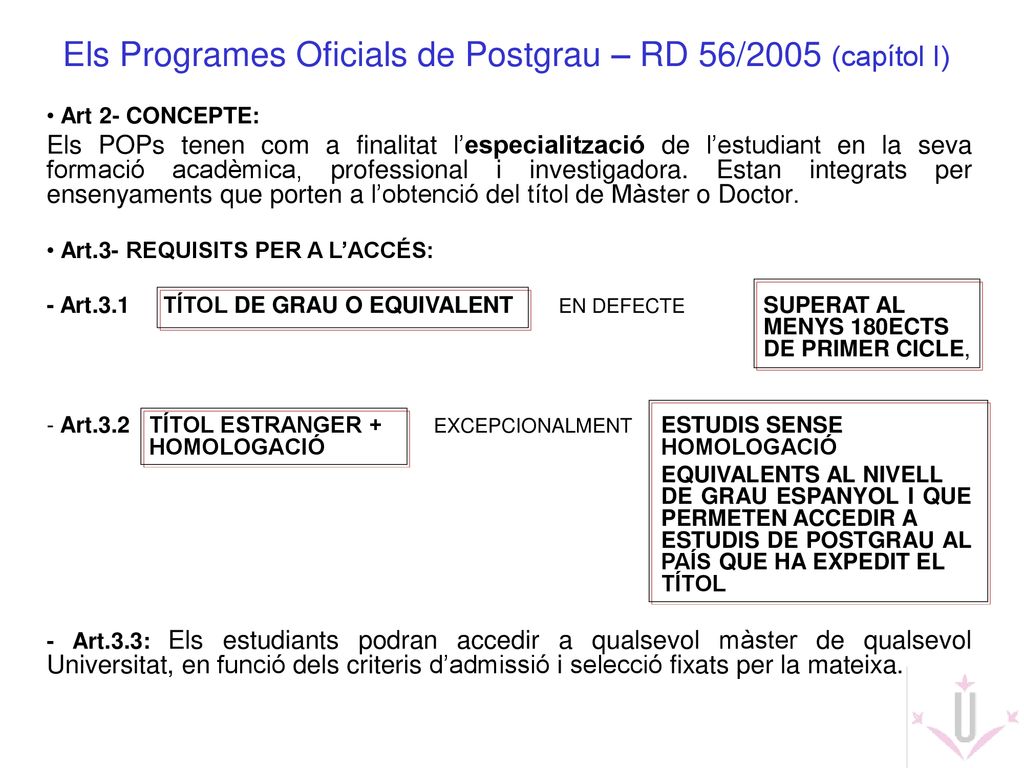 Els Programes Oficials de Postgrau – RD 56/2005 (capítol I)