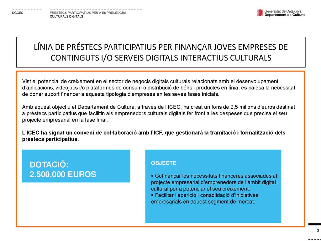 LÍNIA DE PRÉSTECS PARTICIPATIUS PER FINANÇAR JOVES EMPRESES DE CONTINGUTS I/O SERVEIS DIGITALS INTERACTIUS CULTURALS