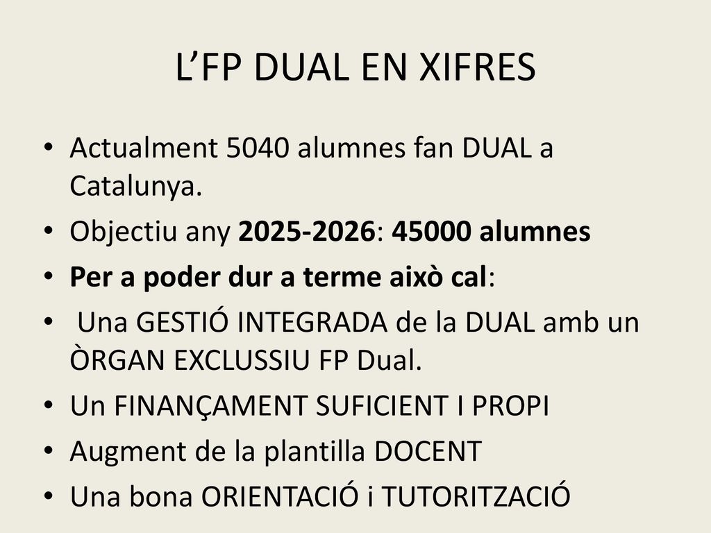 L’FP DUAL EN XIFRES Actualment 5040 alumnes fan DUAL a Catalunya.