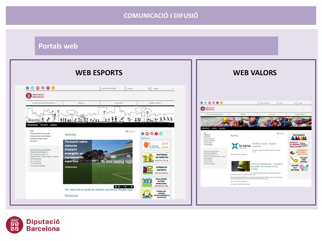 COMUNICACIÓ I DIFUSIÓ Portals web WEB ESPORTS WEB VALORS