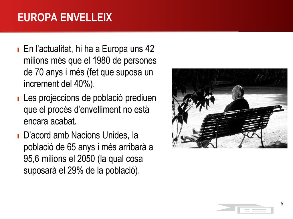 EUROPA ENVELLEIX En l actualitat, hi ha a Europa uns 42 milions més que el 1980 de persones de 70 anys i més (fet que suposa un increment del 40%).