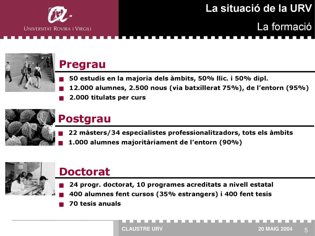 La situació de la URV La formació Pregrau Postgrau Doctorat