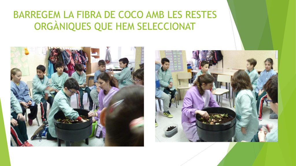 BARREGEM LA FIBRA DE COCO AMB LES RESTES ORGÀNIQUES QUE HEM SELECCIONAT
