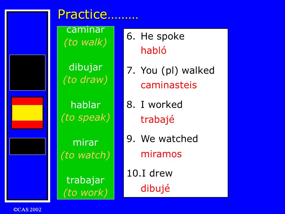 Practice……… caminar (to walk) dibujar (to draw) hablar (to speak)