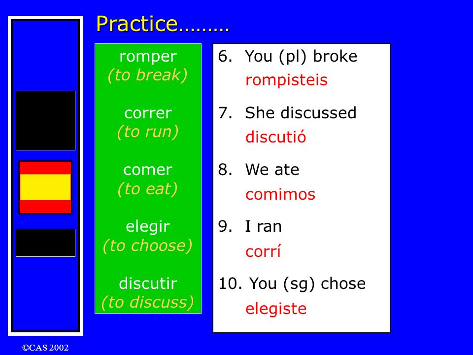 Practice……… romper (to break) correr (to run) comer (to eat) elegir