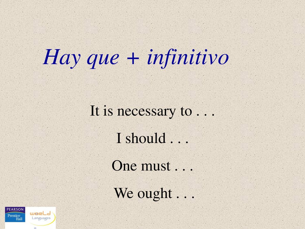 Hay que + infinitivo It is necessary to I should . . .