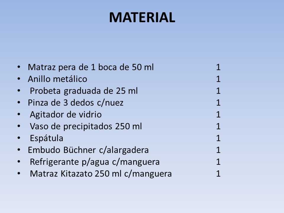 MATERIAL Matraz pera de 1 boca de 50 ml 1 Anillo metálico 1