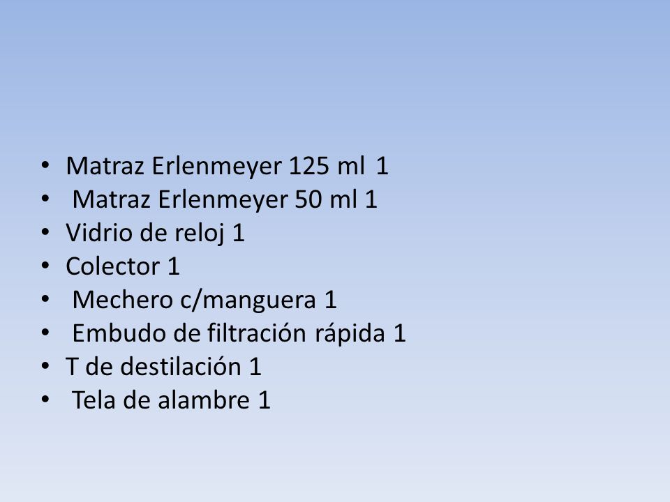 Matraz Erlenmeyer 125 ml 1 Matraz Erlenmeyer 50 ml 1. Vidrio de reloj 1. Colector 1. Mechero c/manguera 1.