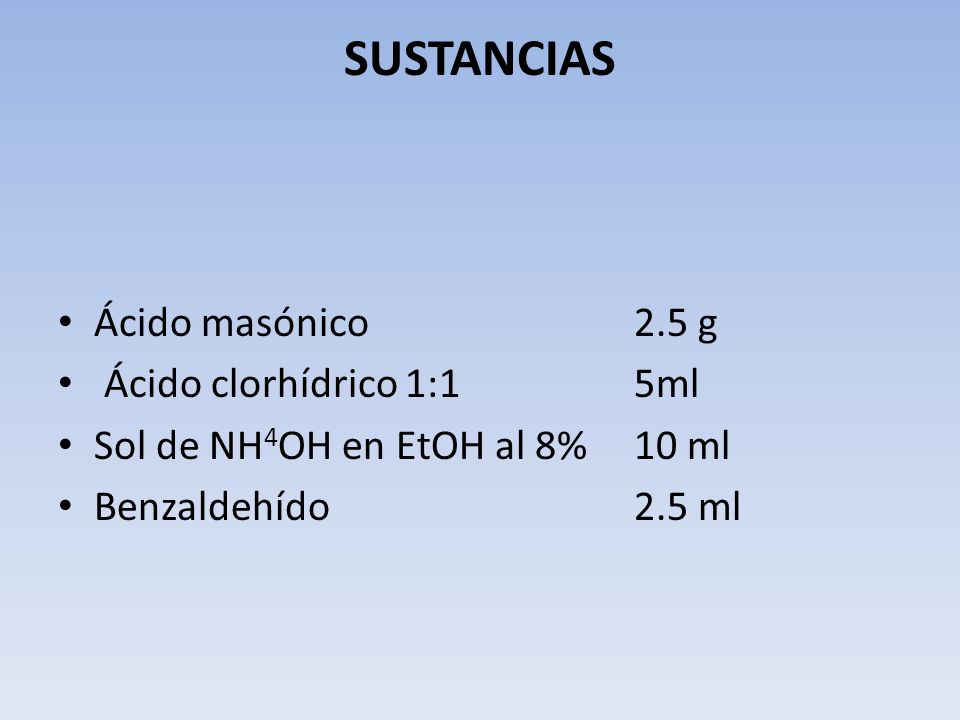 SUSTANCIAS Ácido masónico 2.5 g Ácido clorhídrico 1:1 5ml
