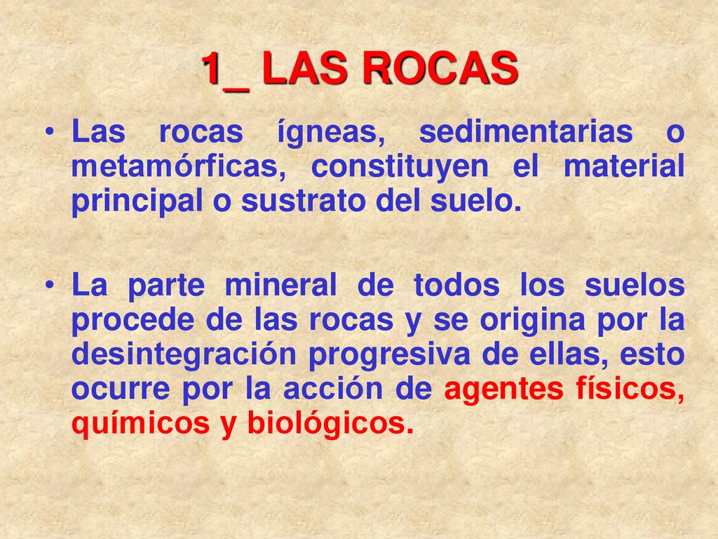 1_ LAS ROCAS Las rocas ígneas, sedimentarias o metamórficas, constituyen el material principal o sustrato del suelo.