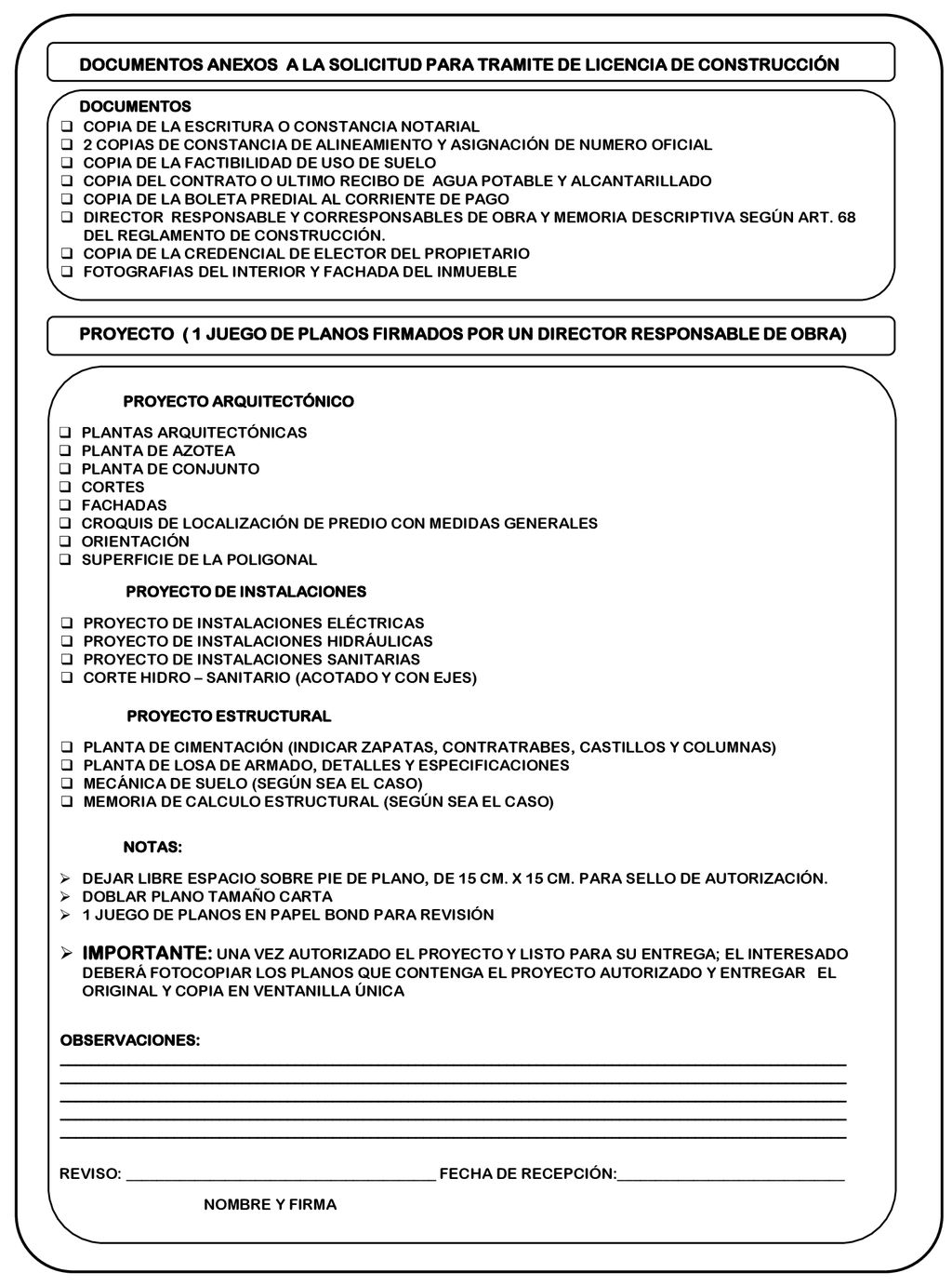 DOCUMENTOS ANEXOS A LA SOLICITUD PARA TRAMITE DE LICENCIA DE CONSTRUCCIÓN
