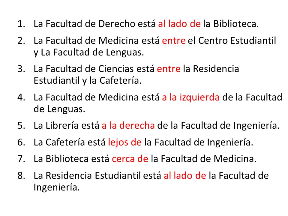 La Facultad de Derecho está al lado de la Biblioteca.