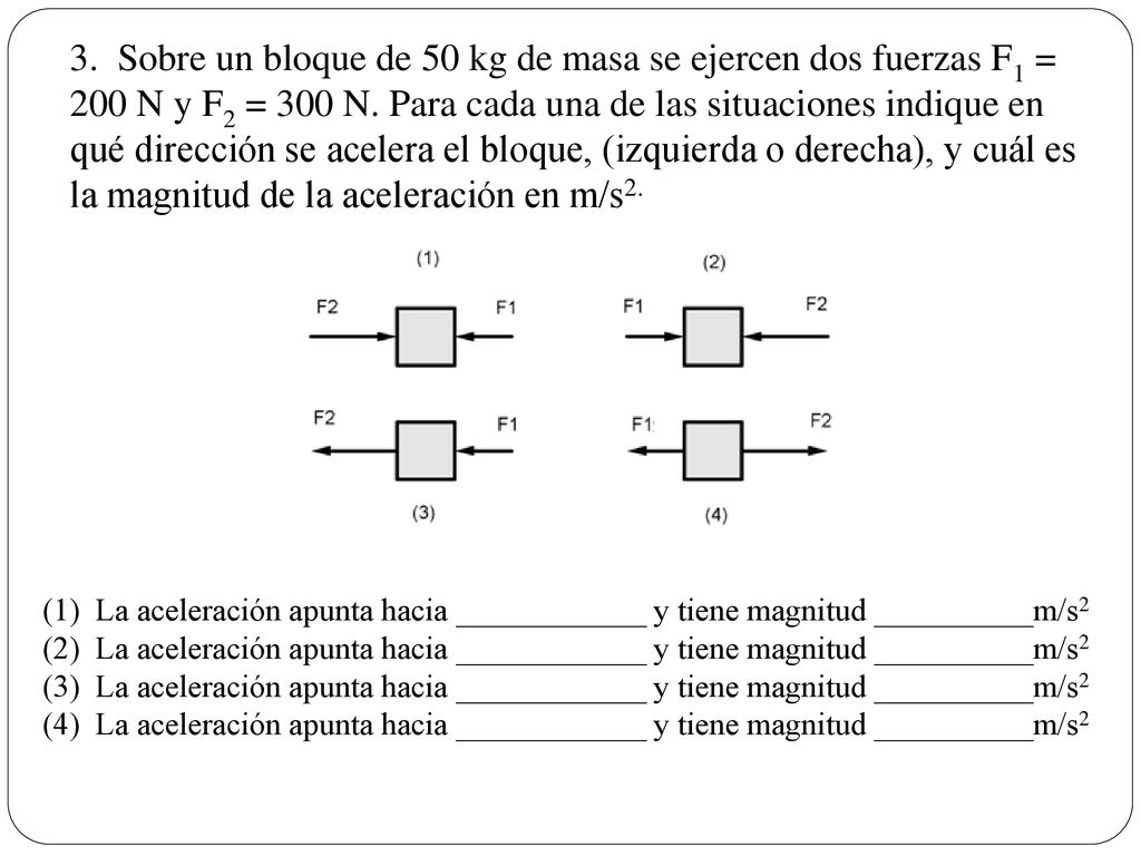 3. Sobre un bloque de 50 kg de masa se ejercen dos fuerzas F1 = 200 N y F2 = 300 N. Para cada una de las situaciones indique en qué dirección se acelera el bloque, (izquierda o derecha), y cuál es la magnitud de la aceleración en m/s2.
