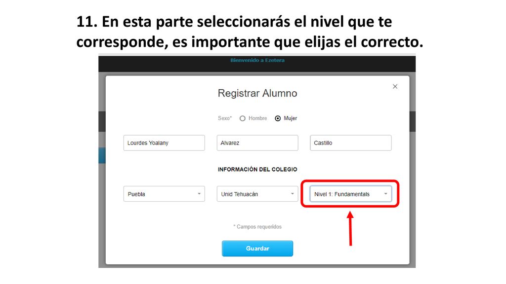 11. En esta parte seleccionarás el nivel que te corresponde, es importante que elijas el correcto.