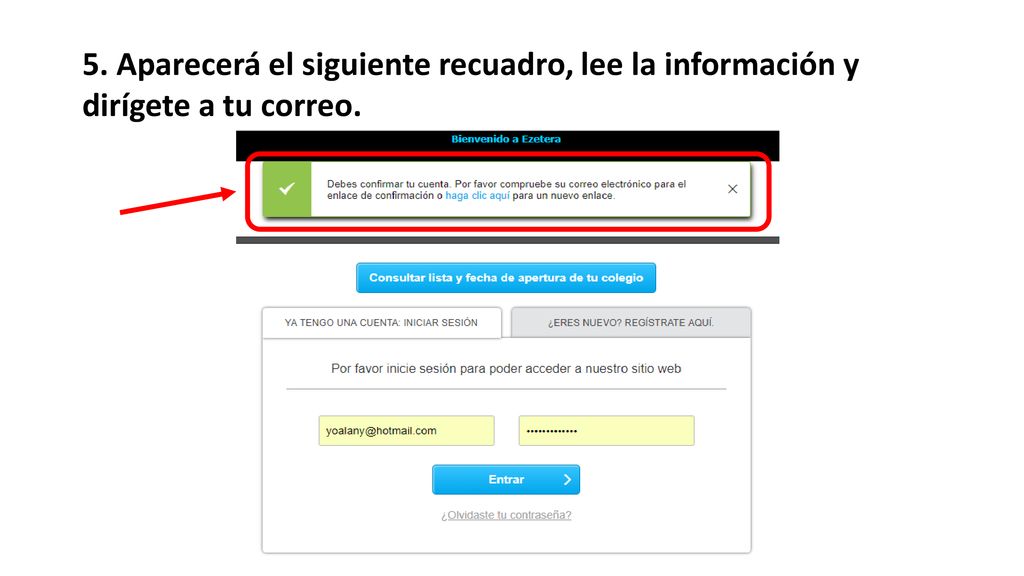 5. Aparecerá el siguiente recuadro, lee la información y dirígete a tu correo.