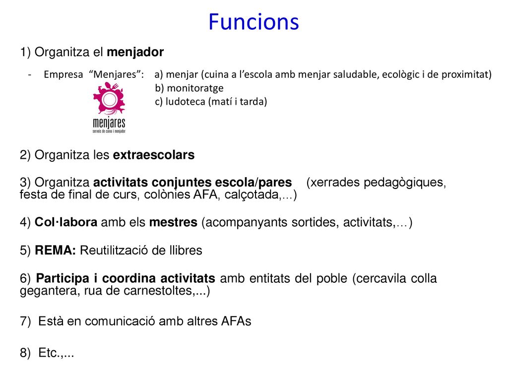 Funcions 1) Organitza el menjador 2) Organitza les extraescolars