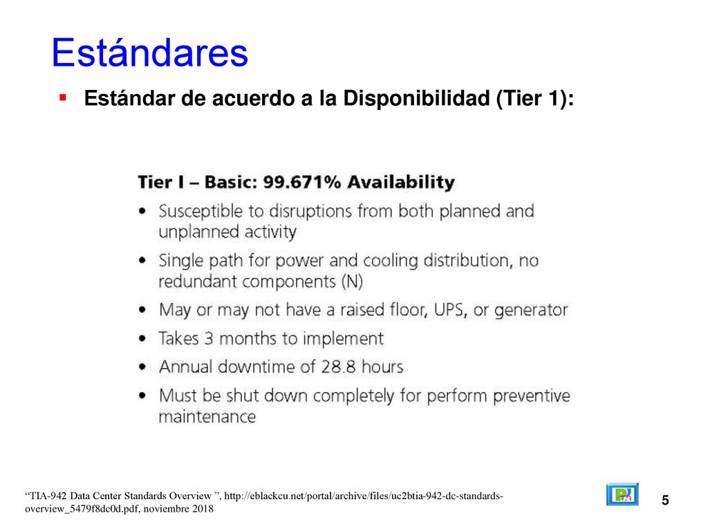 Estándares Estándar de acuerdo a la Disponibilidad (Tier 1): 5